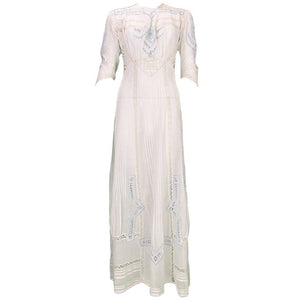 Edwardian Blue and White Embroidered Batiste Tea Dress Early 1900s