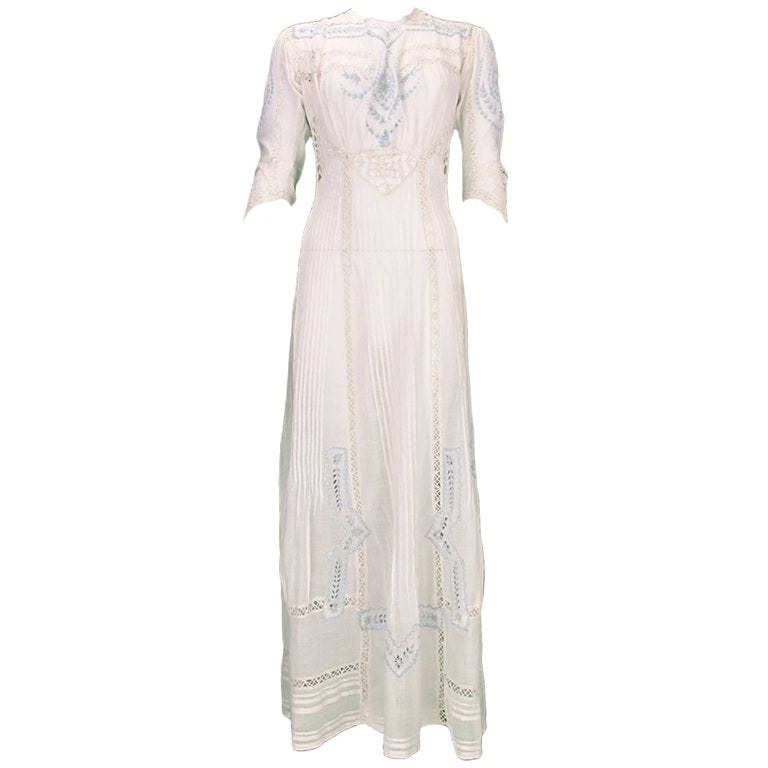 Edwardian Blue and White Embroidered Batiste Tea Dress Early 1900s Palm Beach Vintage Edwardian Blue and White Embroidered Batiste Tea Dress Early 1900s Palm Beach Vintage