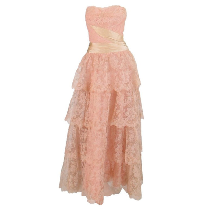 Rosalie Macrini Strapless Tiered Pink Lace Evening Gown 1950s