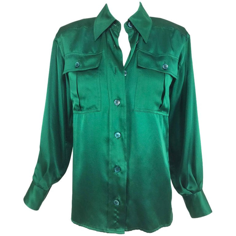 SOLD Yves Saint Laurent Emerald Green silk satin blouse 1970s