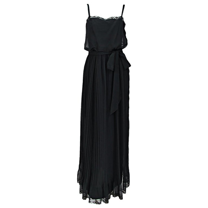 Vintage Adele Simpson Black Chiffon Pleated Maxi Dress 1970s
