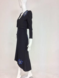 SOLD Adolfo 2pc Black Knit Strapless Dress and Jacket Sequin Flowers 1970s