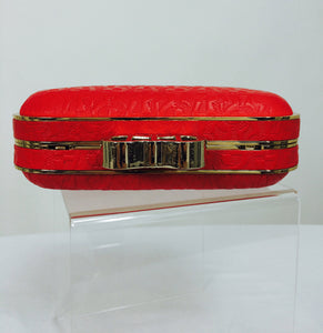 SOLD Etienne Aigner Coral Red embossed leather hard side clutch shoulder bag