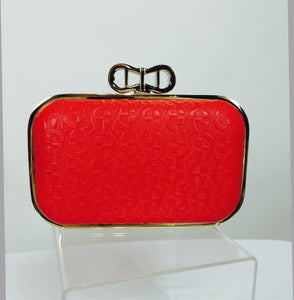 SOLD Etienne Aigner Coral Red embossed leather hard side clutch shoulder bag