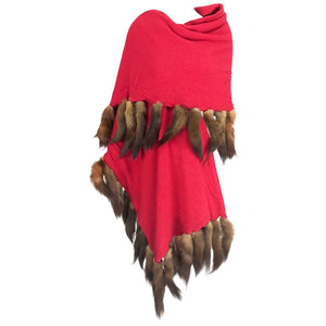 Vintage Adrienne Landau Red Wool Knit shawl with mink tail trim 1980s