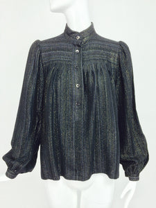 SOLD Yves Saint Laurent black metallic stripe gauze peasant top 1970s