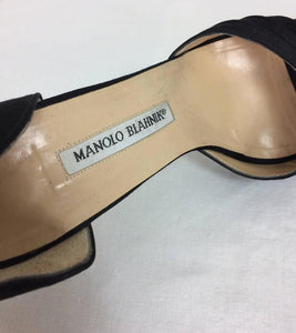 Manolo Blahnik black silk rhinestone buckle open toe d'orsay high heel pumps 40M