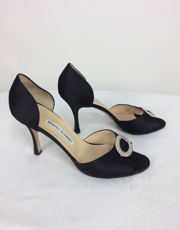 Manolo Blahnik black silk rhinestone buckle open toe d'orsay high