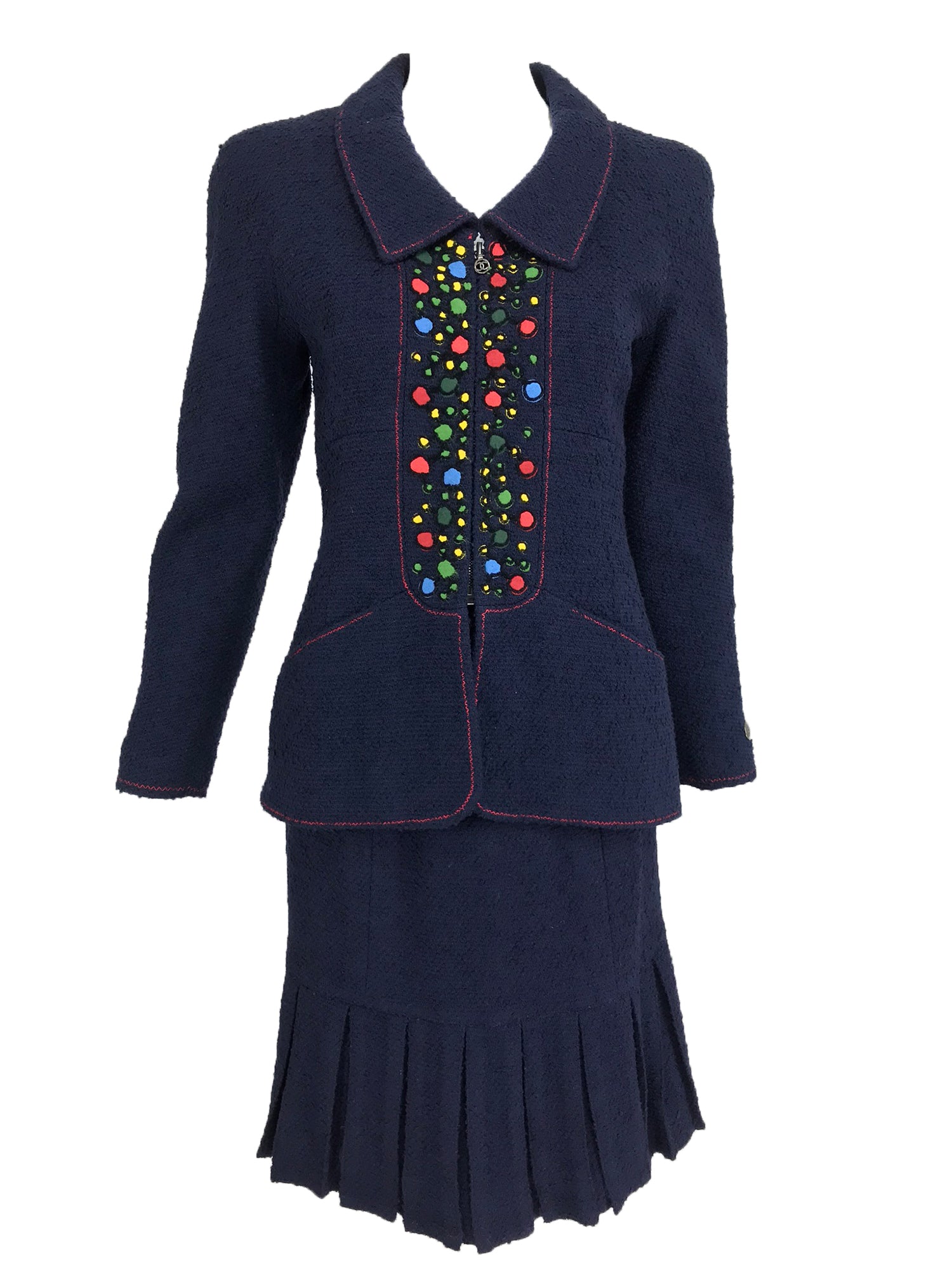 SOLD Chanel Navy Blue Appliqued Fitted Suit with Short Pleated Skirt 1 –  Palm Beach Vintage