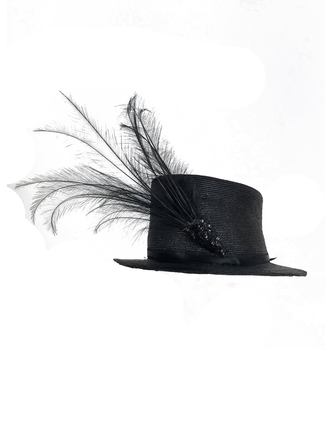 Edwardian Glazed black straw hat with Bird of Paradise feathers