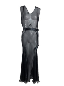 1930s Black Silk Chiffon Bias Cut Evening Dress vintage