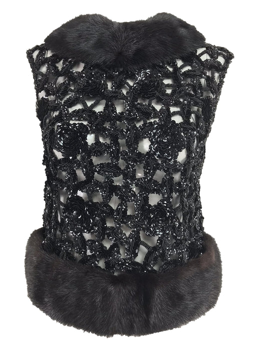 Vintage Black Mink trimmed peek a boo sequin evening top 1950s