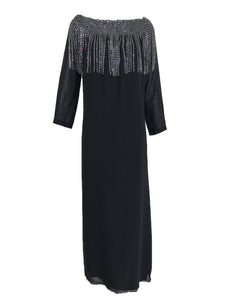 Pierre Cardin Couture Black Slub Silk Rhinestone Car Wash Bib Gown 1960s