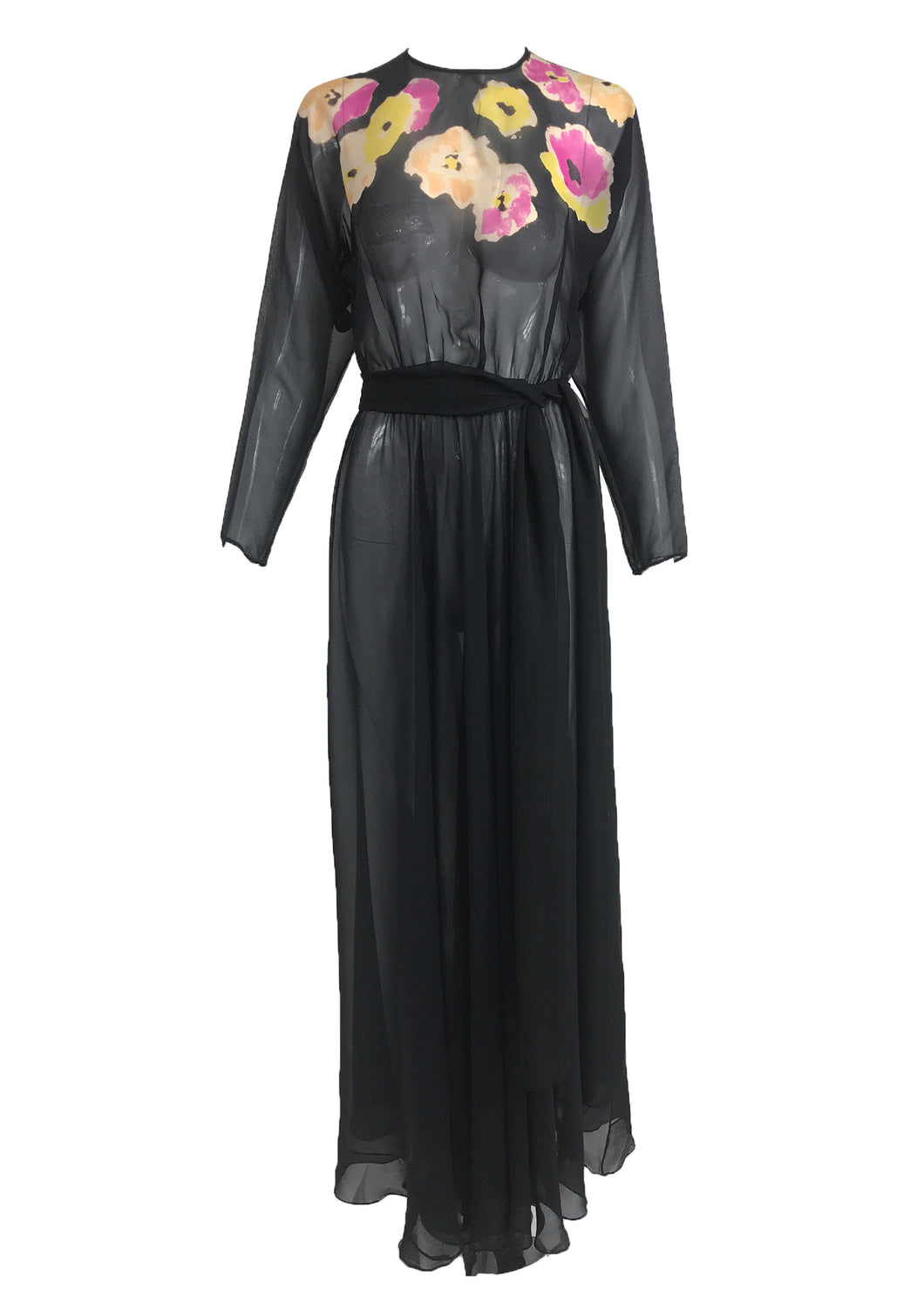 Vintage 1930s Floral Print Bias Cut Black Silk Chiffon Maxi Dress – Palm Beach Vintage