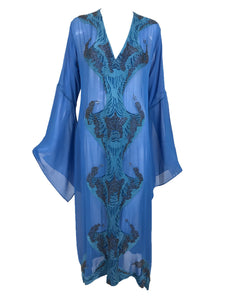 Jeannie McQueeny Beaded Blue SIlk Chiffon Caftan Dress