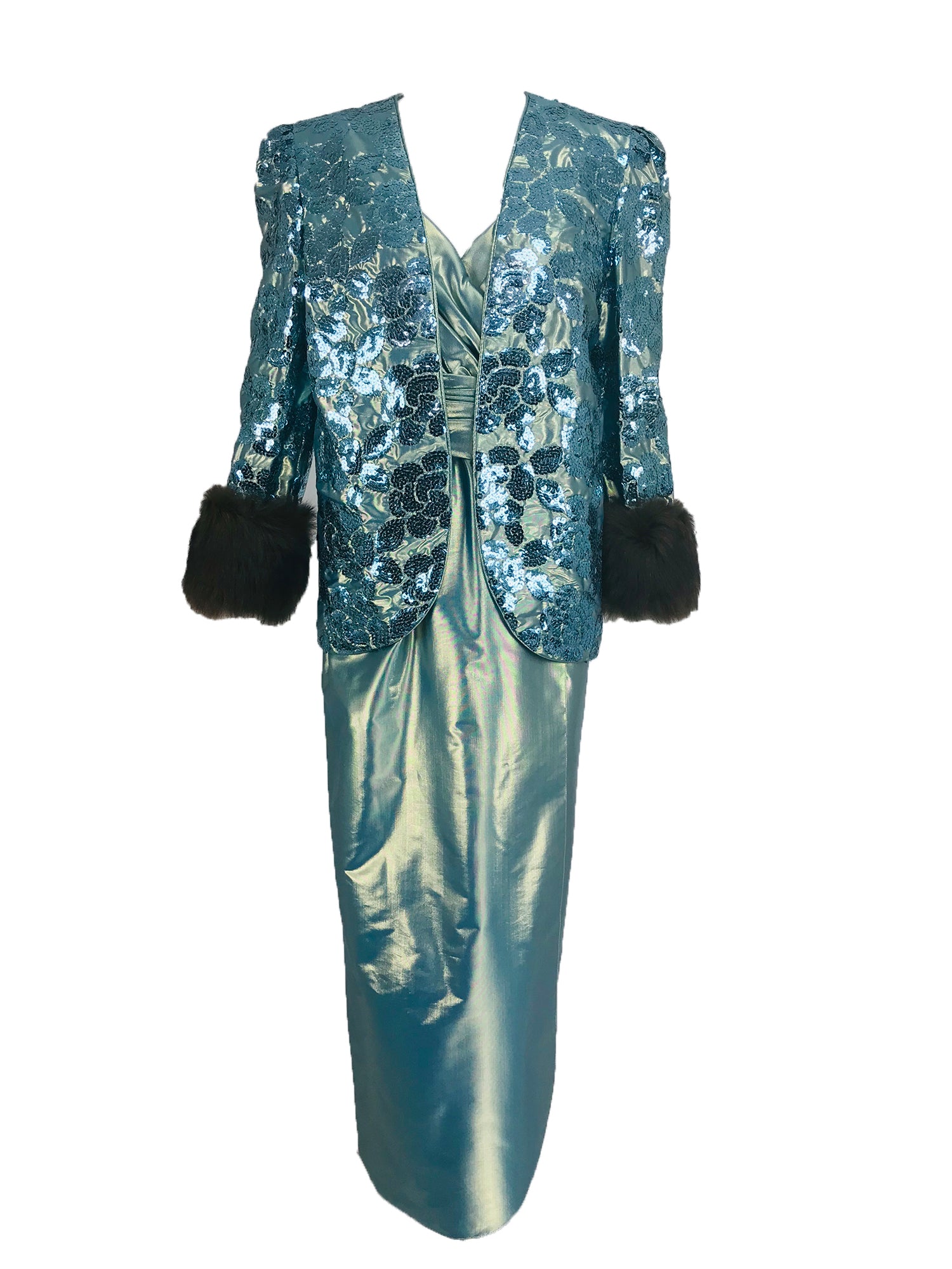 nolan miller blue beaded dress Dynasty Collection Gown and Fur Trimmed Jacket 1980s – Palm Beach Vintage French Manor Aesthetic Size:43 EU - 10 US Polo Mini Dress