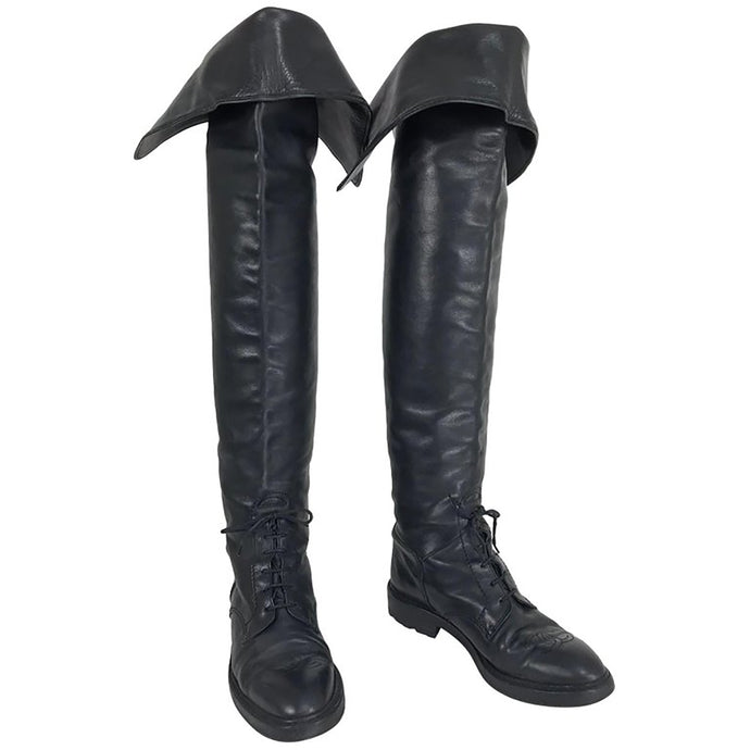 Chanel Over the knee black leather riding boots 