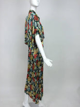 Vintage Floral Printed Silk Crepe Satin Evening or Beach Pajamas and Cape 1920s