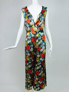 SOLD 1920s Floral Printed Silk Crepe Satin Evening or Beach Pajamas and Cape Vintage