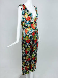 Vintage Floral Printed Silk Crepe Satin Evening or Beach Pajamas and Cape 1920s