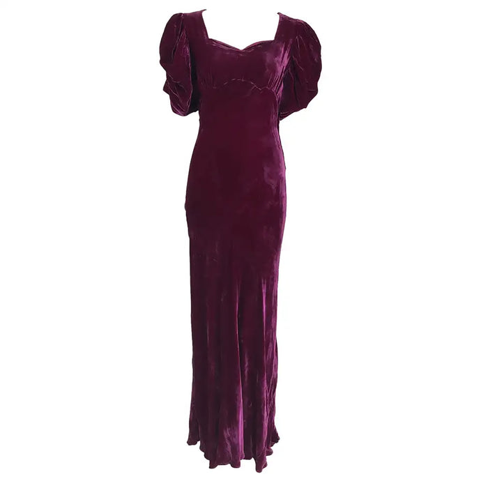 1930s Burgundy Velvet Bias Cut Open Puff Sleeve Maxi Dress