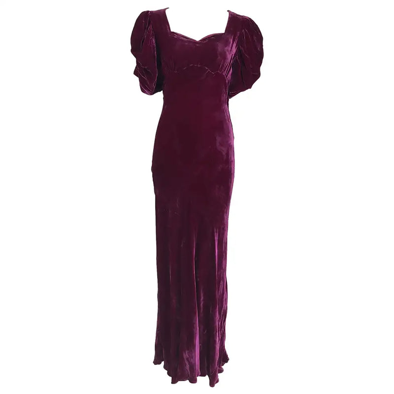 1930s Burgundy Velvet Bias Cut Open Puff Sleeve Maxi Dress – Palm