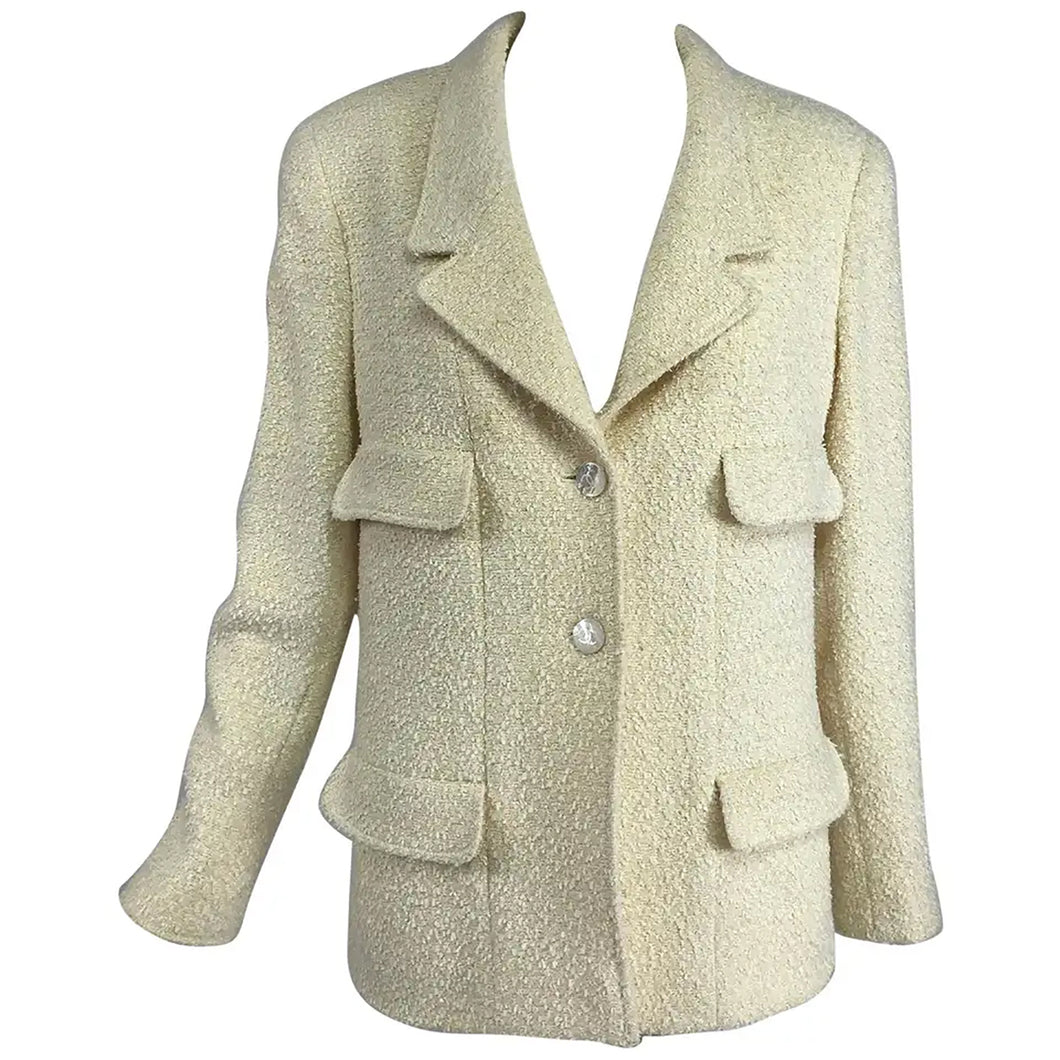SOLD Chanel Cream Boucle 4 Pocket Jacket 1998C Mother of Pearl Buttons – Palm  Beach Vintage