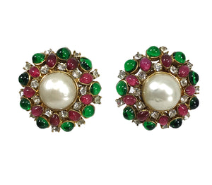 Chanel Gripoix Pearl & Rhinestone Pink & Green Earrings 1980s