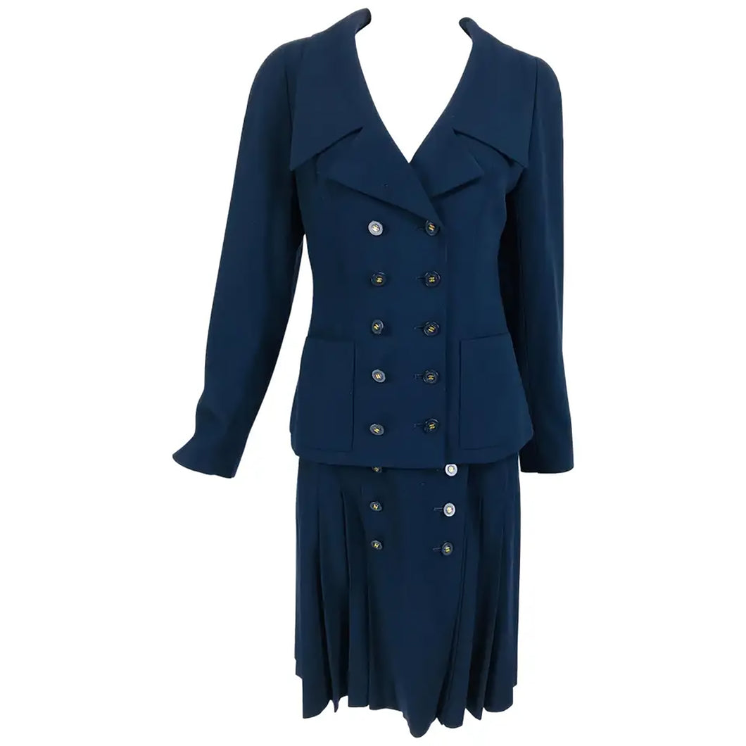 Chanel Navy Blue Double Breasted Jacket and Pleated skirt 1994P