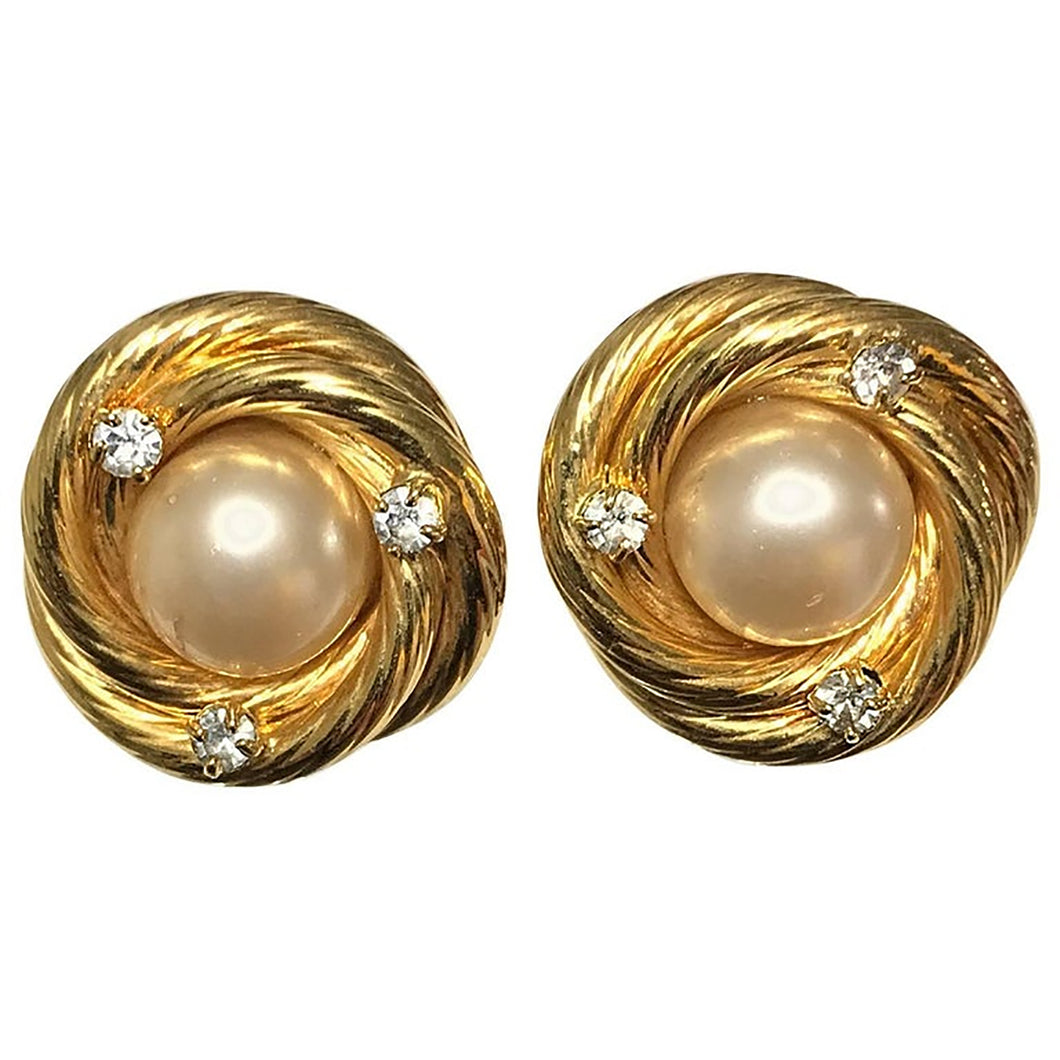 Chanel gold twist with pearl and diamante clip earrings 1995 A