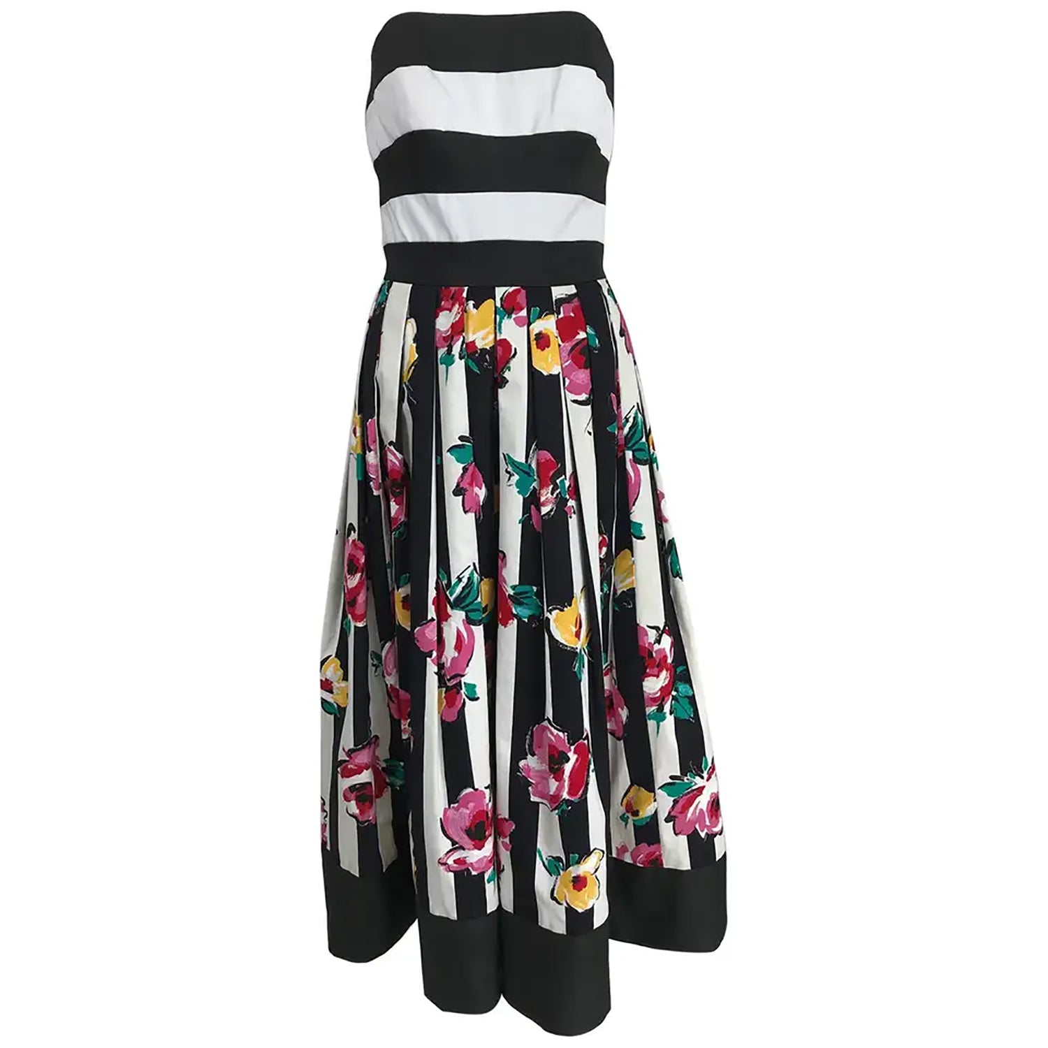 Victor Costa Strapless Black and White Stripe Floral Fit and Flare Dre Palm Beach Vintage Victor Costa Strapless Black and White Stripe Floral Fit and Flare Dre Palm Beach Vintage