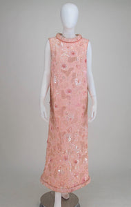 SOLD Bonwit Teller candy pink beaded sequin silk chiffon roll hem evening dress 1960s