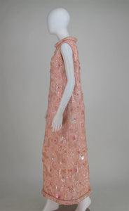 SOLD Bonwit Teller candy pink beaded sequin silk chiffon roll hem evening dress 1960s
