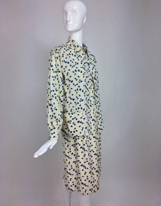 SOLD Blue and Cream Silk Bead Print 3 Piece Set Skirt 1950s