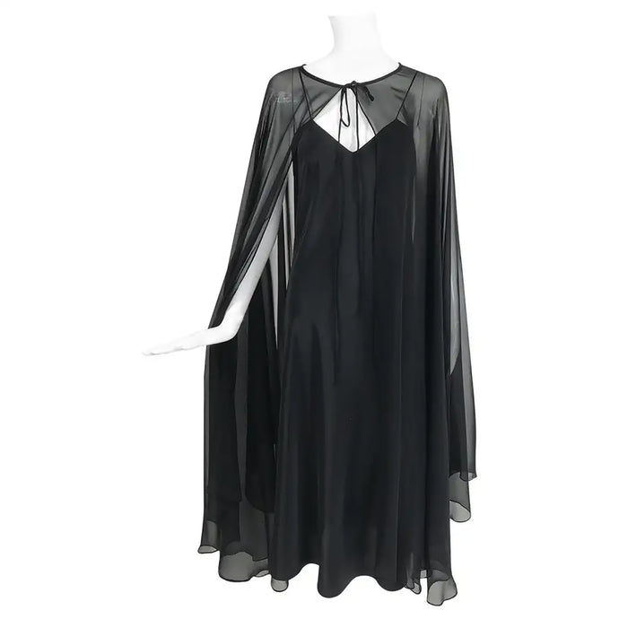 Adolfo Black Bias Cut Silk Slip Dress and Silk Chiffon Cape Set 1970s