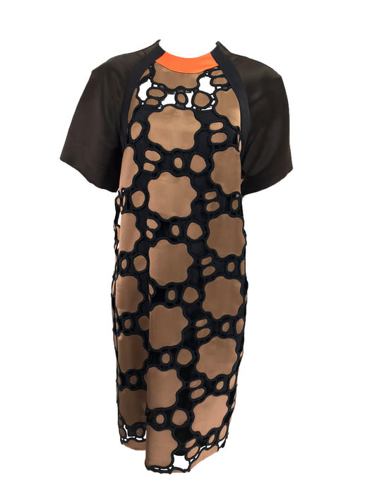 MiuMiu Cut Work Day Dress in Brown and Black with Orange