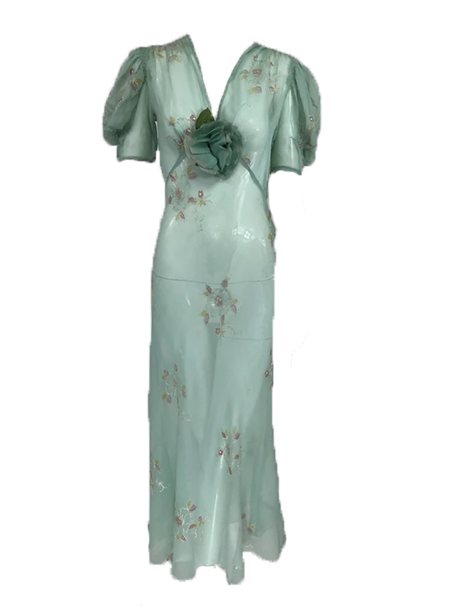 SOLD 1930s Mint Green Sheer Silk Chiffon Hand Embroidered Bias Cut Max – Palm Beach Vintage