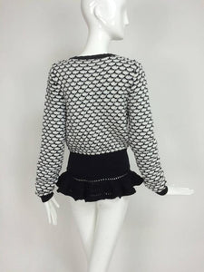 SOLD Christian Dior Black & White Wool Knit Cardigan Sweater With Ruffle hem