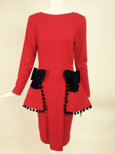 SOLD Isabelle Allard Paris red jersey dress with peplum hip bows & pom poms 1990s