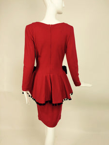 SOLD Isabelle Allard Paris red jersey dress with peplum hip bows & pom poms 1990s