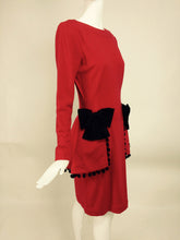SOLD Isabelle Allard Paris red jersey dress with peplum hip bows & pom poms 1990s
