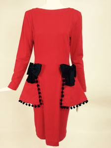 SOLD Isabelle Allard Paris red jersey dress with peplum hip bows & pom poms 1990s