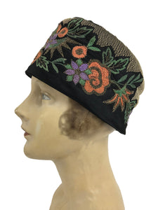 1920s Flapper Cloche Hat with Colorful Embroidery Vintage Palm Beach Vintage