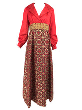 Vintage Ceil Chapman Red Satin and Metallic Brocade Maxi Dress 1960s