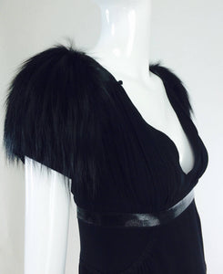 SOLD Prada black satin back crepe fox fur plunge front cocktail dress 2007