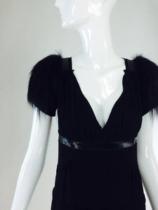 SOLD Prada black satin back crepe fox fur plunge front cocktail dress 2007