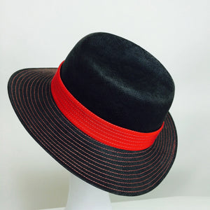 SOLD Galanos Matte Black & Red Straw Fedora Hat 1960s NWT