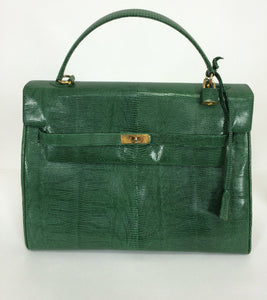 SOLD Luc Benoit green glazed lizard Kelly style handbag 1990s