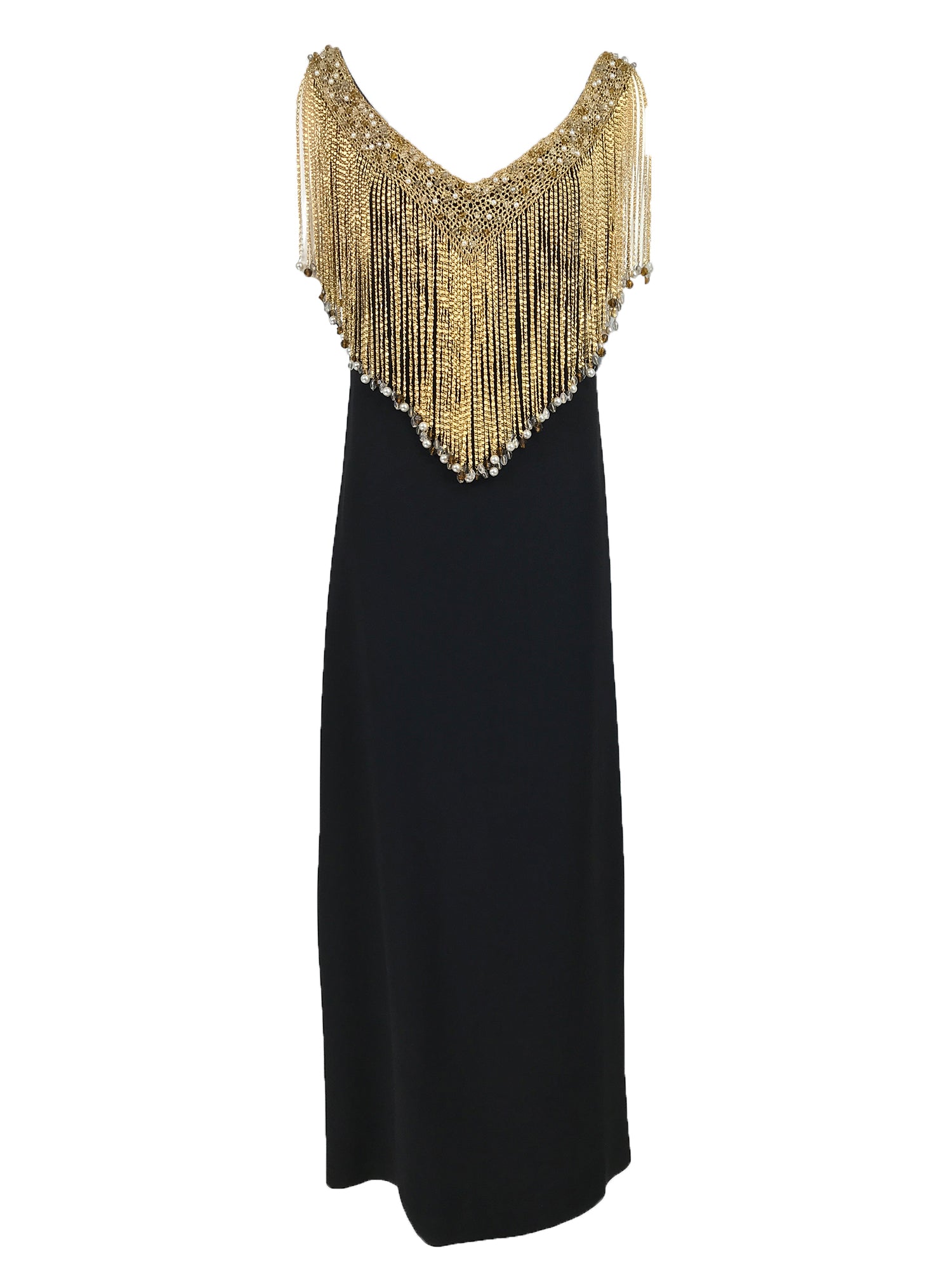 SOLD Loris Azzaro Couture Gold Chain Fringe Collar Black Maxi Dress 19 Palm Beach Vintage SOLD Loris Azzaro Couture Gold Chain Fringe Collar Black Maxi Dress 19 Palm Beach Vintage
