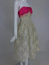 Hattie Carnegie Custom Cream Guipure Lace Pink Silk Strapless Dress 1950s
